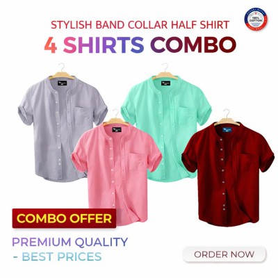 Short Sleeve Band Collar Shirt_ Pink, Pest & Ash , Merun