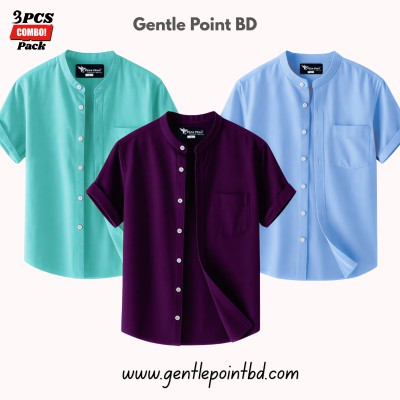 Short Sleeve Band Collar Shirt_ Pest, Sky Blue & Perpuel