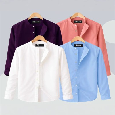 Long Sleeve Band Collar Shirt_ Poink ,Purple & Sky Blue ,White