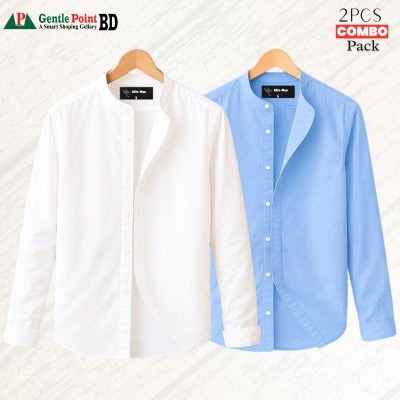 Long Sleeve Band Collar Shirt_ Sky Blue, White