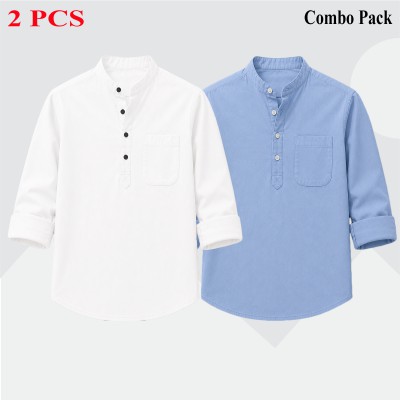 Oxford Cotton Fabrics Full Sleeve Katua For Men's_White & Sky Blue.