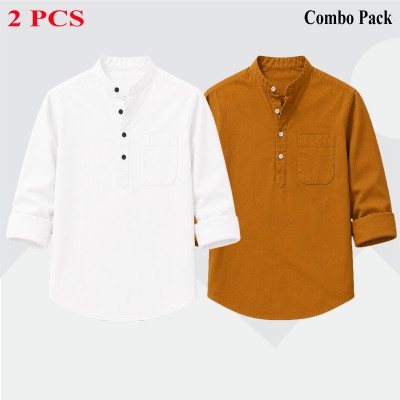 Oxford Cotton Fabrics Full Sleeve Katua For Men's_White & Kathali.