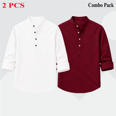 Oxford Cotton Fabrics Full Sleeve Katua For Men's_White &Merun.